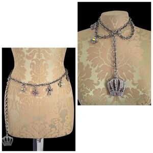 Gothic Gunmetal Silver chain adjustable belt with cross / crown jewel charms